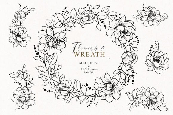 Download Hand Drawn Line Art Flowers and Wreath - Line Collection