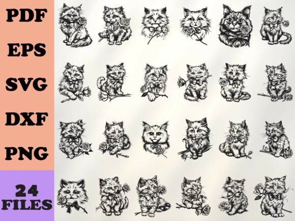 Download Romantic Rose Cat Line Art - Line Collection
