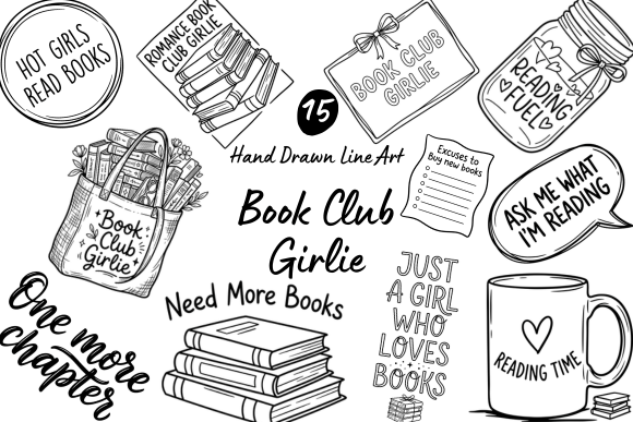 Download Book Club Girlie Hand Drawn Line Art - Line Collection