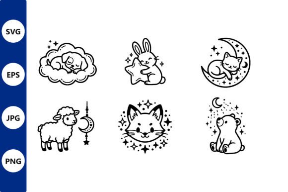 Download Six Cute Sleeping Animal Line Art Vector - Line Collection