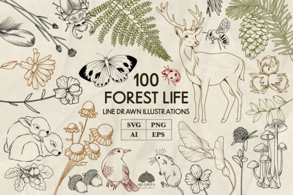 Download Forest Animals and Plants Line Art Svg - Line Collection