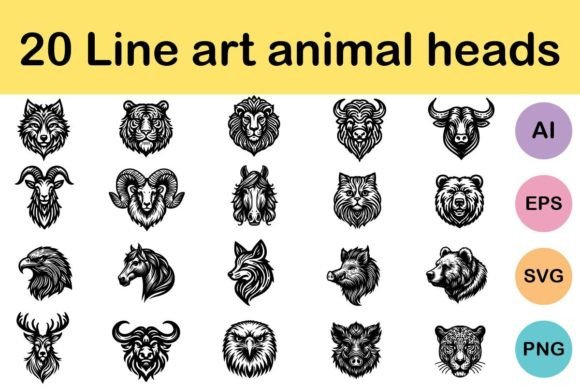 Download 20 Line Art Animal Heads - Line Collection