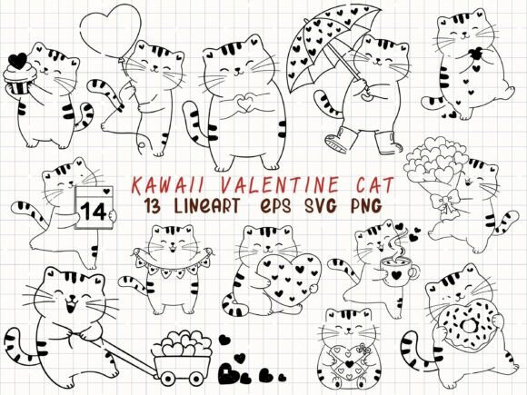 Download Kawaii Valentine Cat Line Art SVG - Line Collection
