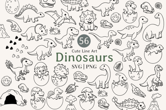 Download Cute Dinosaur Line Art Clipart Bundle - Line Collection