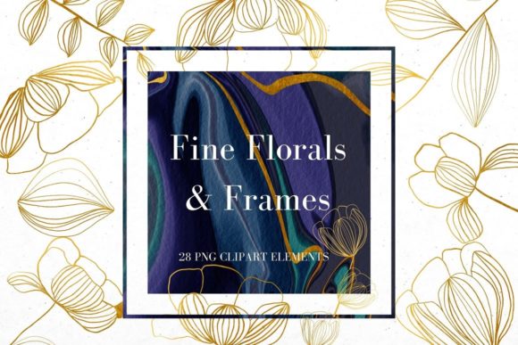 Download Gold Line Flowers and Blue Frames - Line Collection