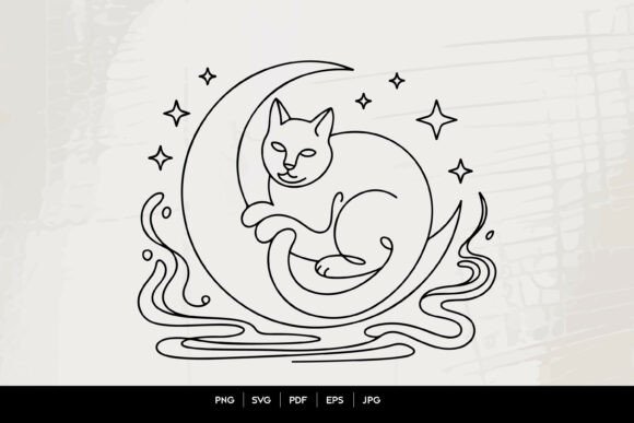 Download Mystical Cat Moon Line Art SVG - Line Collection