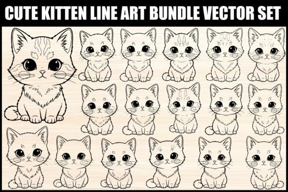 Download Cute Kitten Line Art Bundle Vector Set - Line Collection
