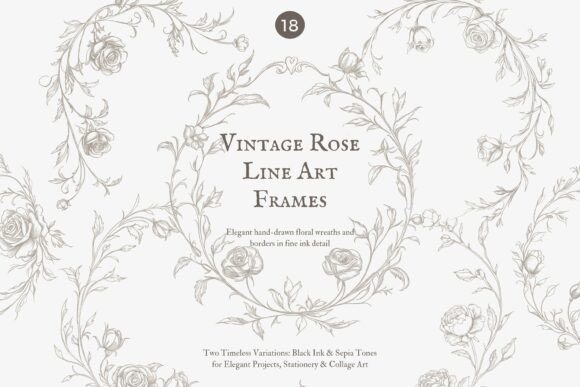 Download Intage Rose Line Art Clipart Set - Line Collection