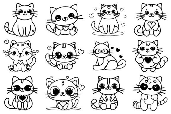 Download Cute Kawaii Valentine Cat Line Art SVG - Line Collection