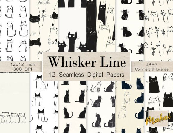 Download 12 Seamless Cat Line Art Patterns - Line Collection
