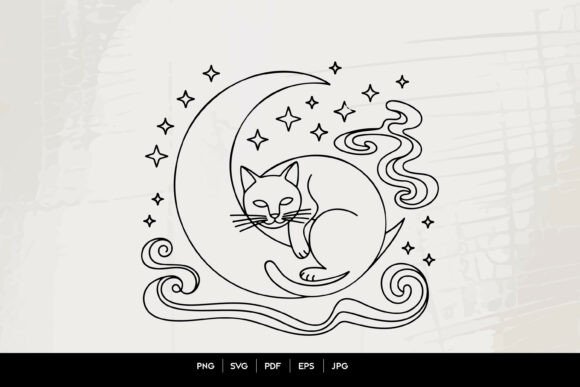 Download Celestial Sleeping Cat Moon Line Art SVG - Line Collection