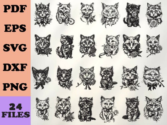 Download Romantic Rose Cat Line Art - Line Collection