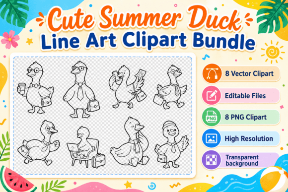 Download Cute Summer Duck Line Art Clipart Bundle - Line Collection